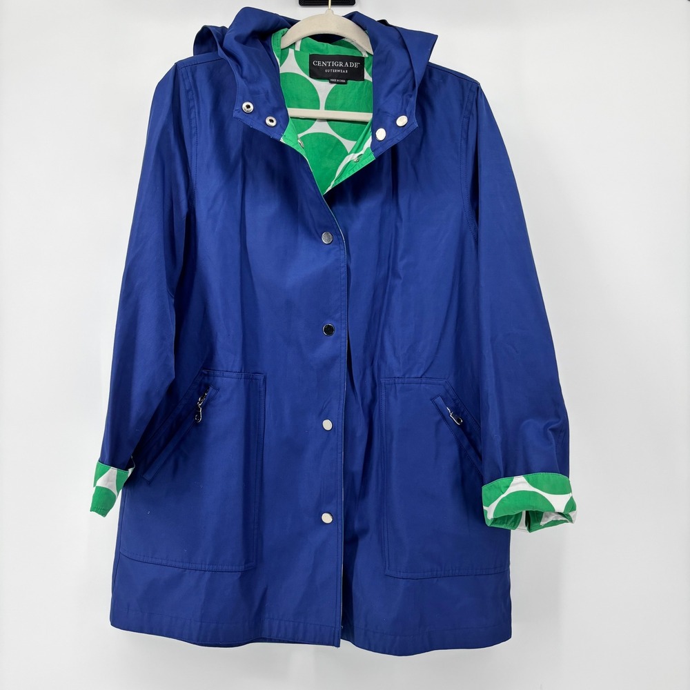 Centigrade Outerwear Womens Reversible Hooded Rain Jacket Blue Green Polka Dot M